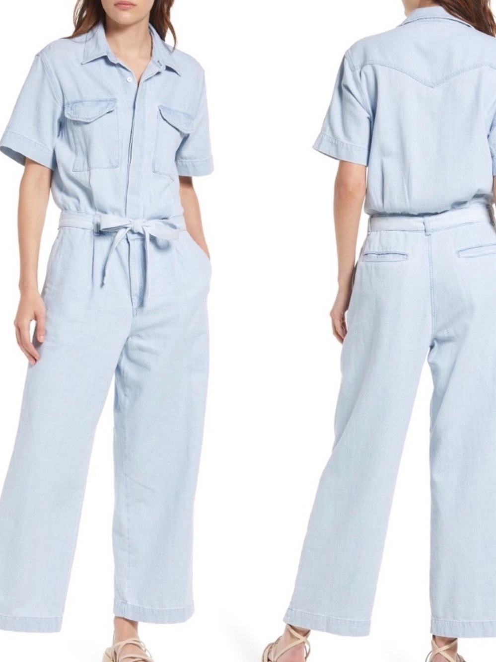 rag & bone Light Blue Denim Short-Sleeve Tie-Waist Utility Jumpsuit